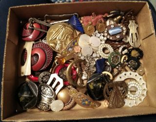 Vtg Junk Drawer Broken Jewelry Antique Belt Buckles Buttons Pins Repurpose Craft