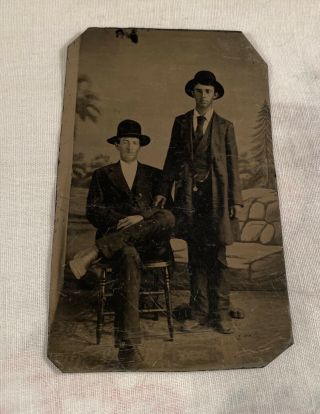 Antique Tintype Photography Of 2 Men Dressed Up And Posing For The Camera