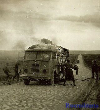Rare German 50th Infanterie Division French Lkw Truck Burning On Road