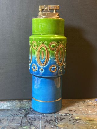 Vintage Mid Century Modern Italian Blue Green & Gold Ceramic Lighter
