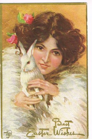 Antique Artist Signed / Easter Postcard Pretty Lady Holding White Bunny