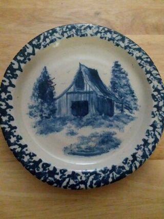 P R Storie Pottery Co.  Antique Blue Stoneware Plate Barn Scene Marshall,  Tex