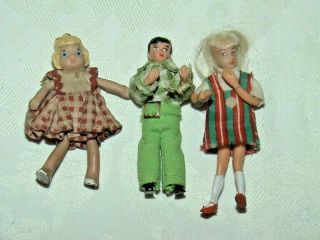 Antique Small Dollhouse Dolls Girl,  Boy Doll And Very Old Gingham Dress Doll