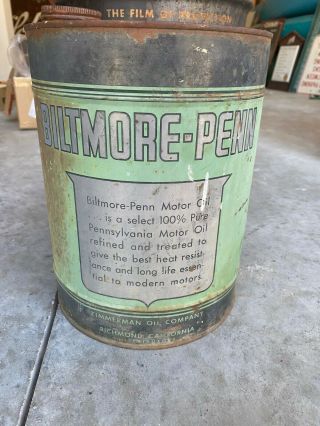 Rare Biltmore Penn 2 Gallon Motor Oil Can 100 Pennsylvania Zimmerman California
