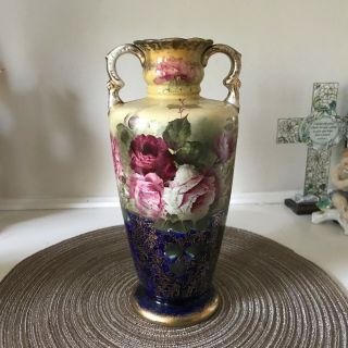 Vintage Antique Handle Flower Vase With Roses Transfer Ware Gold Details