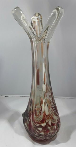 Vintage Retro Murano Art Glass In Clear Dark Orange Amber & White Fancy Vase