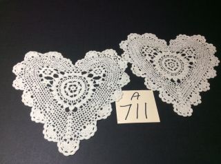 Two 10” X 9” Hand Crocheted Heart Doilies Antique White Very Pretty