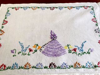 Vintage Hand Embroidered White Linen Crinoline Lady Table Centre Tray Cloth