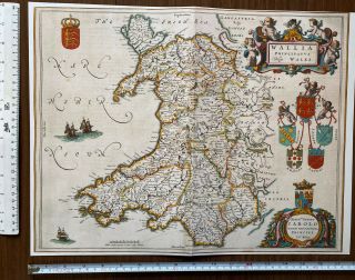 Antique Vintage Historic Old Colour Map Of Wales 1645 1600 