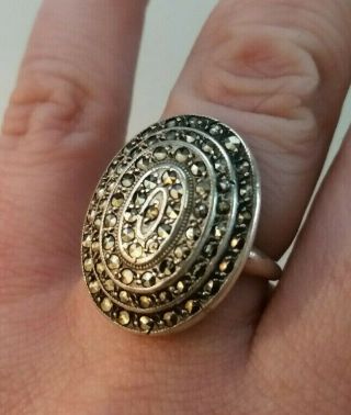 Antique Art Deco Sterling Silver Ring Marcasite Oval Sz 6.  75 5.  6g 925 407