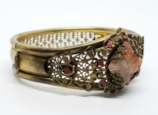 Antique Art Nouveau Gold Gilt Brass Carved Carnelian Floral Filigree Bracelet