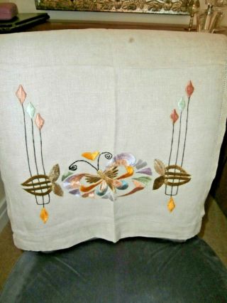Vintage Art Deco Beige Linen Hand Embroidery Chair Back Cover 17 " X 28 "