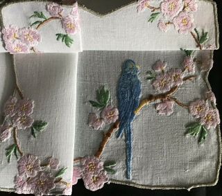 Lovely Vintage Linen Hand Embroidered Tray Cloth Blue Budgie/pink Blossoms