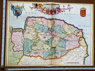 Old Antique Tudor Blaeu Map Of Norfolk,  England 1665 1600 