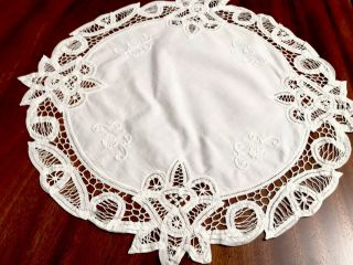 Vintage Hand Embroidered White Cotton Ribbon Lace Table Centre Cloth 17 Inch