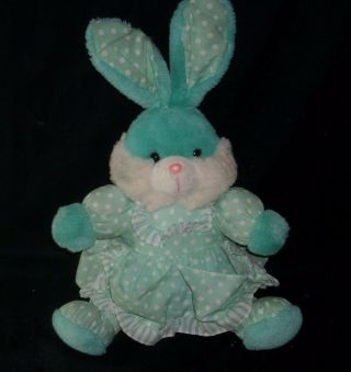 14 " Vintage Baby Teal Blue Bunny Rabbit Polka Dot Dress Stuffed Animal Plush Toy