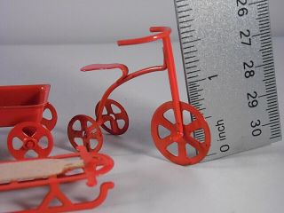 Vintage Dollhouse Miniatures 1:12 Scale Metal Red Wagon Tricycle Sled Toys Soo1 2