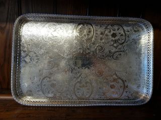 Good Vintage Silver On Copper Galleried Serving Tray (with Inscription)