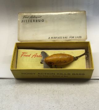 Vintage Fred Arbogast Jitterbug W/box,  Papers 653 Y,  Yellow Herringbone Pattern