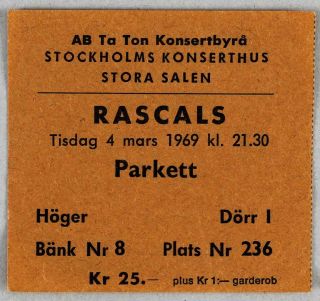 The Rascals - Rare Vintage Stockholm 1969 Concert Ticket