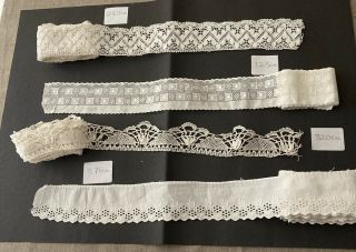 4 Lengths Vintage French White Cotton Lace Trimmings.