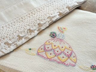 2 Antique White Linen Huckaback Towels Hand Embroidered Crinoline Lady Lace Trim
