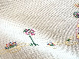 2 Antique White Linen Huckaback Towels Hand Embroidered Crinoline Lady Lace Trim 3