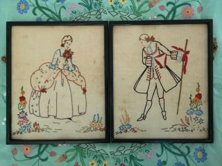 Vintage Hand Embroidered Crinoline Lady,  Beau Framed Embroideries
