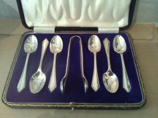 Vintage Art Deco Boxed Set Of 6 Silver Plated Tea Spoons & Sugar Tongs F.  C & Co