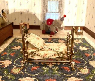 Vintage Dollhouse Miniature Furniture Metal Brass Rocking Cradle Bedding Pillow
