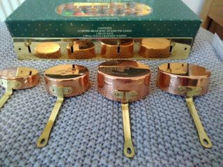 Vintage 1980s Copper And Brass Handle Measuring Cups Set Of 4 & Brass Rack