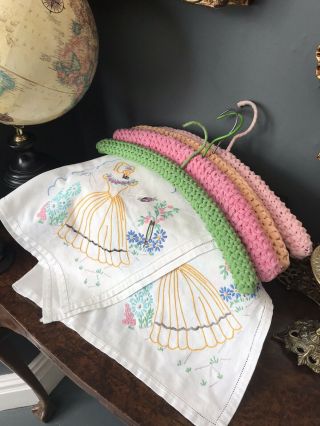 Vintage Hand Embroidered Irish Linen Tablecloth Crinoline Lady