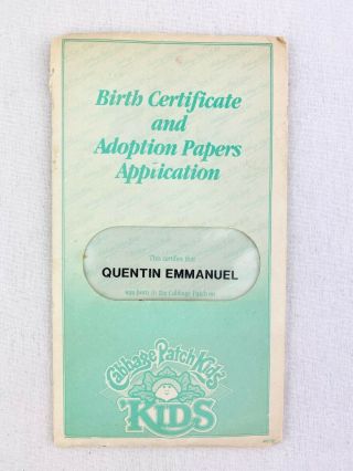 Cabbage Patch Kids Birth Certificate Vintage Boy Doll Name Quentin Emmanuel
