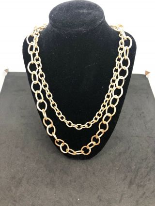 Premier Designs Signed Antique Gold Tone Double Chain Necklace Toggle Clasp