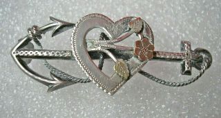Lovely Antique Victorian Sterling Silver Brooch Anchor Heart & Gold Flowers