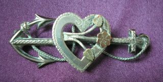 Lovely antique Victorian Sterling Silver brooch Anchor Heart & Gold flowers 2