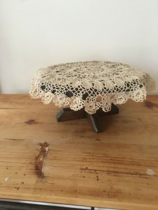 Vintage Miniature Doll Octagon Wooden Pedestal Table With Tablecloth Artisan