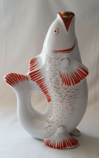 Vintage Chinese Gluggle Jug - White & Orange - Approx 24 Cm Tall