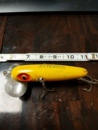 Vintage Fred Arbogast Musky Jitterbug Fishing Lure Wood Yellow Topwater Plug Old