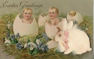 Antique French Easter Novelty - Bunny Real Fur Babes In Eggs Embossed Post Card