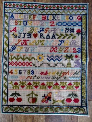Vintage Hand Crafted Wool Worked Tapestry Sampler Rabbit Duck Butterfly Tree Abc
