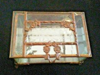 Vintage Antique Etched Beveled Glass Footed Trinket Box Copper? Poppy Flowers