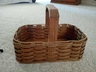 Antique Large Rectangle Wood Slat Farm Gathering Basket Bent Wood Handle 15 "