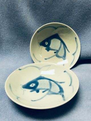 Vintage Chinese Hand Painted 5.  5 Inch Blue And White Koi Bowls Set Of 2