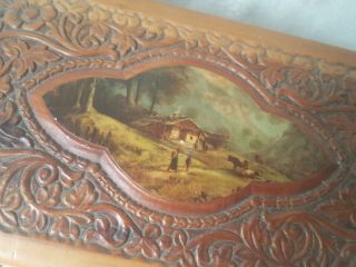 Vintage Carved Tooled Cedar Wood Trinket Jewelry Box Country Scene Footed Bottom