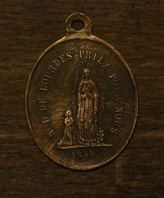 Antique Religious Bronze Medal Pendant Our Lady Of Lourdes 1858