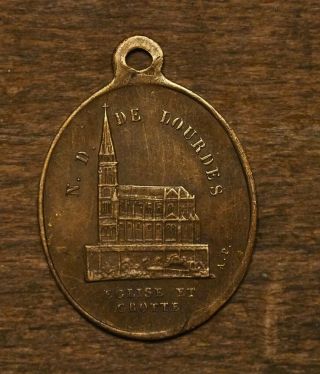 Antique religious bronze medal pendant Our lady of Lourdes 1858 2