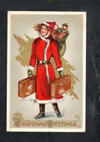 B241 Antique Postcard Christmas Female Santa With Bags And Toys By Artist Harper