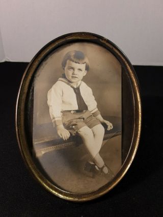 Antique Vtg Oval Metal Frame Photograph Portrait Young Boy Wall Hang Stand