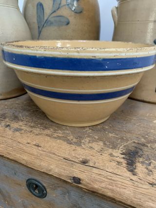 Antique Yelloware Bowl With Blue Stripes - 9 1/2”